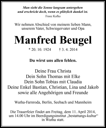 Traueranzeige von Manfred Beugel von Südthüringer Presse