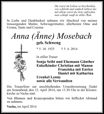 Traueranzeige von Anna Mosebach von Südthüringer Presse