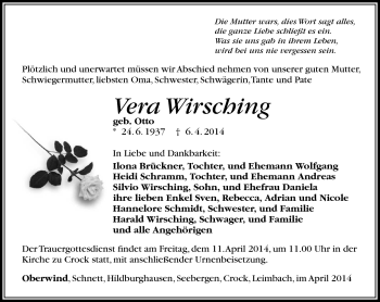 Traueranzeige von Vera Wirsching von Südthüringer Presse