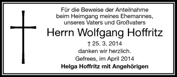 Traueranzeige von Wolfgang Hoffritz von Frankenpost