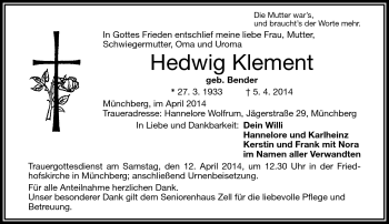Traueranzeige von Hedwig Klement von Frankenpost