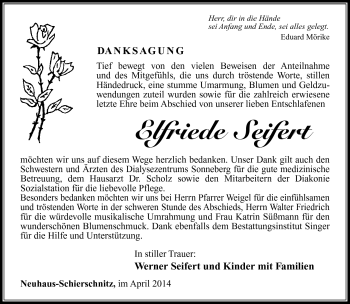 Traueranzeige von Elfriede Seifert von Südthüringer Presse