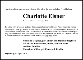 Traueranzeige von Charlotte Elsner von Südthüringer Presse