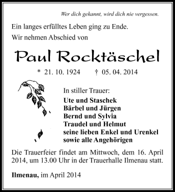 Traueranzeige von Paul Rocktäschel von Südthüringer Presse