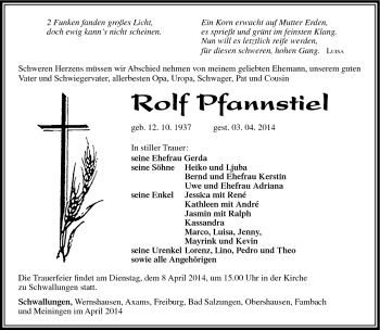 Traueranzeige von Rolf Pfannstiel von Südthüringer Presse