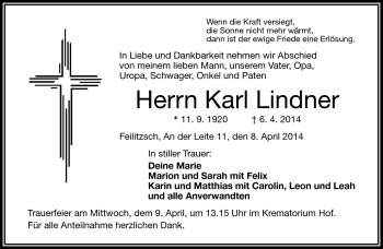 Traueranzeige von Karl Lindner von Frankenpost