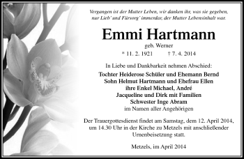 Traueranzeige von Emmi Hartmann von Südthüringer Presse