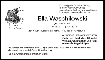 Traueranzeige von Ella Waschilowski von Frankenpost