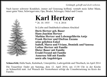 Traueranzeige von Karl Hertzer von Südthüringer Presse