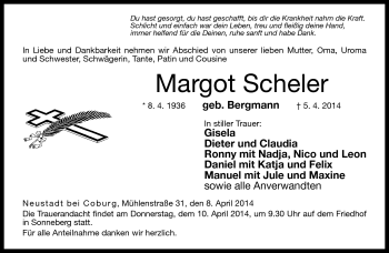 Traueranzeige von Margot Scheler von Neue Presse Coburg