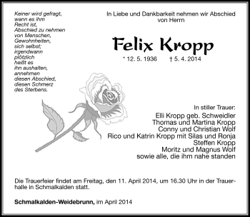 Traueranzeige von Felix Kropp von Südthüringer Presse