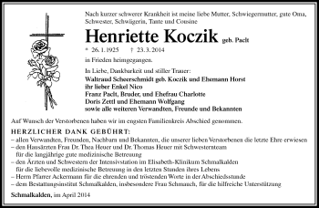 Traueranzeige von Henriette Koczik von Südthüringer Presse