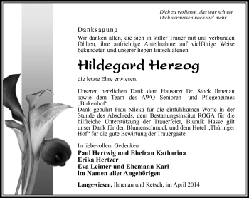 Traueranzeige von Hildegard Herzog von Südthüringer Presse