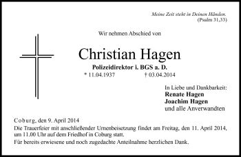 Traueranzeige von Christian Hagen von Neue Presse Coburg
