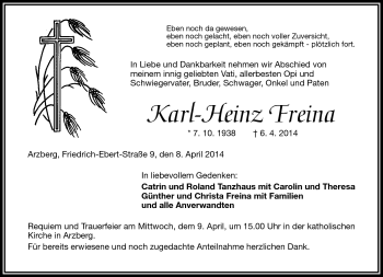 Traueranzeige von Karl-Heinz Freina von Frankenpost