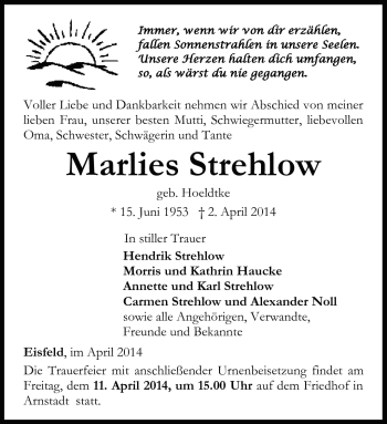 Traueranzeige von Marlies Stehlow von Südthüringer Presse