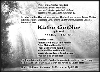 Traueranzeige von Käthe Geisler von Südthüringer Presse