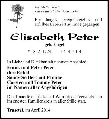 Traueranzeige von Elisabeth Peter von Südthüringer Presse