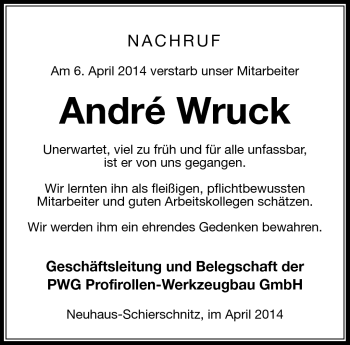 Traueranzeige von Andre Wruck von Südthüringer Presse
