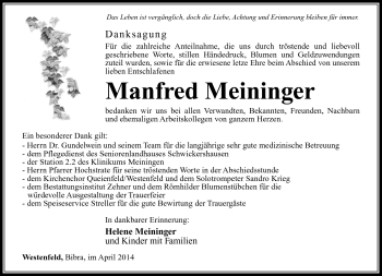 Traueranzeige von Manfred Meininger von Südthüringer Presse