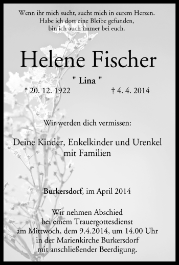 Traueranzeige von Helene Fischer von Neue Presse Coburg