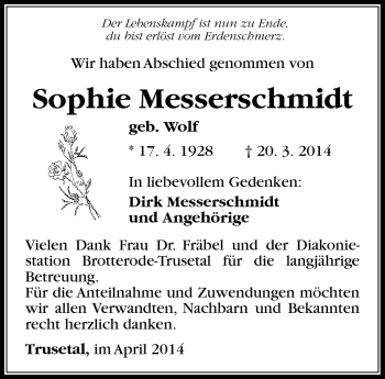 Traueranzeige von Sophie Messerschmidt von Südthüringer Presse