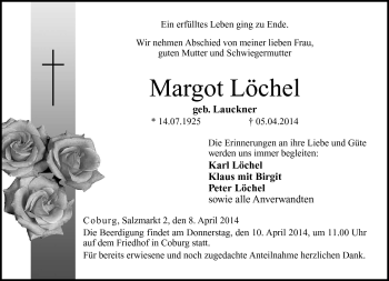 Traueranzeige von Margot Löchel von Neue Presse Coburg