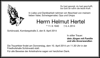 Traueranzeige von Helmut Hertel von Frankenpost