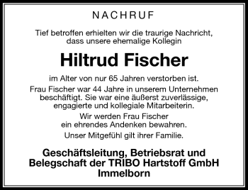 Traueranzeige von Hiltrud Fischer von Südthüringer Presse