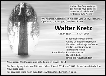 Traueranzeige von Walter Kretz von Neue Presse Coburg