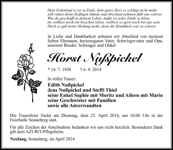 Traueranzeige von Horst Nußpickel von Südthüringer Presse