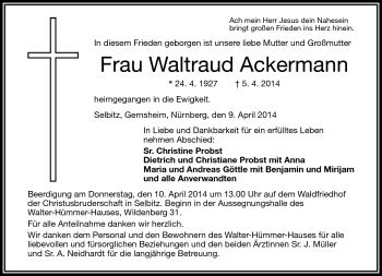 Traueranzeige von Waltraud Ackermann von Frankenpost