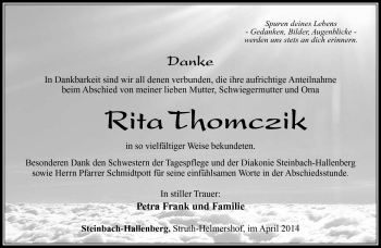 Traueranzeige von Rita Thomczik von Südthüringer Presse