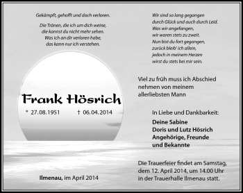 Traueranzeige von Frank Hösrich von Südthüringer Presse