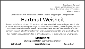Traueranzeige von Hartmut Weisheit von Südthüringer Presse