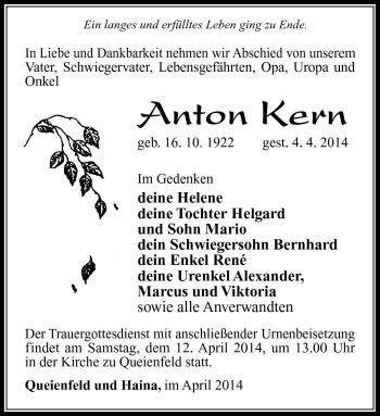 Traueranzeige von Anton Kern von Südthüringer Presse