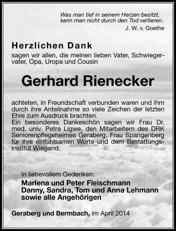 Traueranzeige von Gerhard Rienecker von Südthüringer Presse