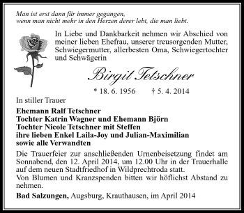 Traueranzeige von Birgit Tetschner von Südthüringer Presse