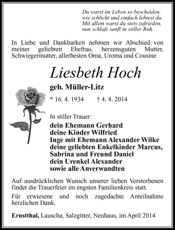 Traueranzeige von Liesbeth Hoch von Südthüringer Presse