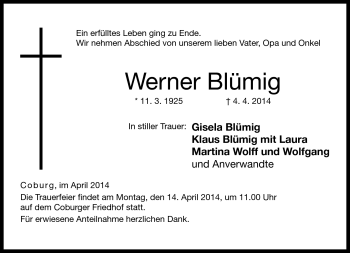 Traueranzeige von Werner Blümig von Neue Presse Coburg