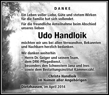 Traueranzeige von Udo Handloik von Südthüringer Presse