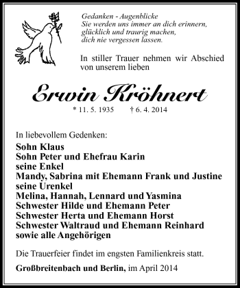 Traueranzeige von Erwin Kröhnert von Südthüringer Presse