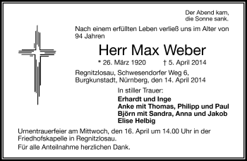 Traueranzeige von Max Weber von Frankenpost