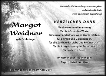 Traueranzeige von Margot Weidner von Südthüringer Presse
