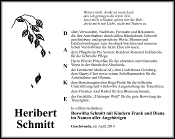 Traueranzeige von Heribert Schmitt von Südthüringer Presse