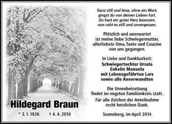 Traueranzeige von Hildegard Braun von Südthüringer Presse