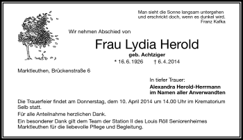 Traueranzeige von Lydia Herold von Frankenpost