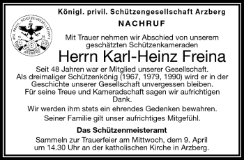 Traueranzeige von Karl-Heinz Freina von Frankenpost