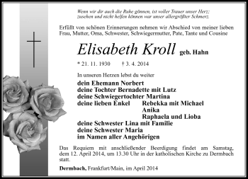 Traueranzeige von Elisabeth Kroll von Südthüringer Presse