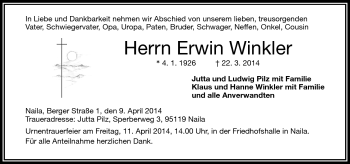 Traueranzeige von Erwin Winkler von Frankenpost